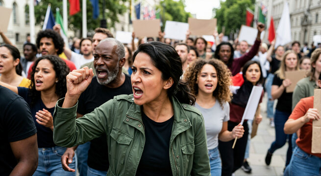 Angry woman shouting and raising fist at a protest march. Diverse crowd of activists demonstrating with blank signs on a city street