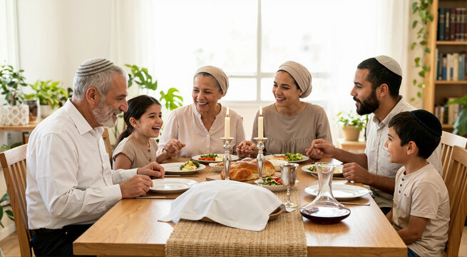 Multi generational Jewish family holding hands at dining table. Happy people celebrating Shabbat with traditional meal. Religious holiday gathering at home