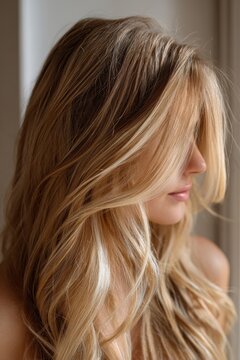 Close-up of long blonde balayage hair with soft natural light