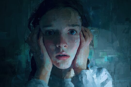 Close-up portrait of a young girl with paranoid gaze in a dimly lit room, moody blue-gray lighting