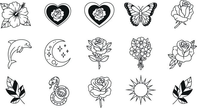 A collection of 15 black and white line drawings of tattoo designs including flowers, animals, and celestial objects isolated on transparent background