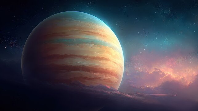 Serene gas giant with swirling cloud bands in warm oranges and cool teals, tranquil space scene