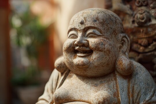 Serene close-up of a smiling fat Buddha sculpture in an outdoor Vietnamese setting