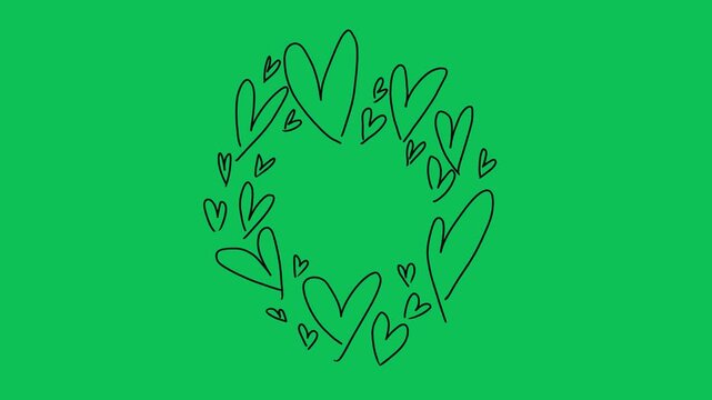 Hand Drawn Black Hearts Wreath Frame Animation on Green Screen Overlay