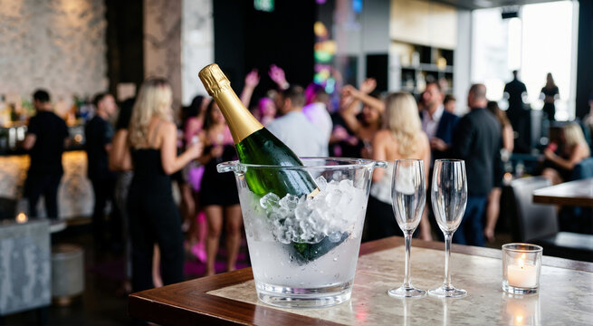 Champagne bottle chilling in ice bucket with two empty flutes on table. Blurred crowd of people dancing at party in background. Nightlife and celebration concept