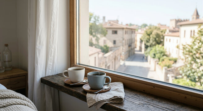 Two coffee cups on a rustic wooden windowsill overlooking a sunny town street. Morning coffee with a scenic view of historic European buildings. Travel and recreation vacation concept