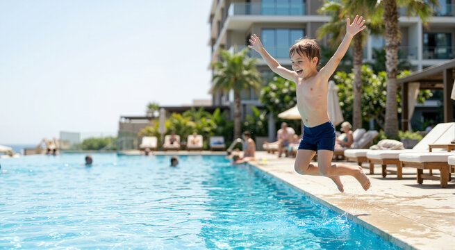 Happy boy jumping into swimming pool with arms raised. Child splashing in water at sunny tropical resort. Summer vacation and recreation concept