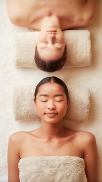 A serene couple enjoys synchronized spa relaxation on soft towels, highlighting wellness and symmetry. Minimalist tones and natural textures evoke premium tranquility.