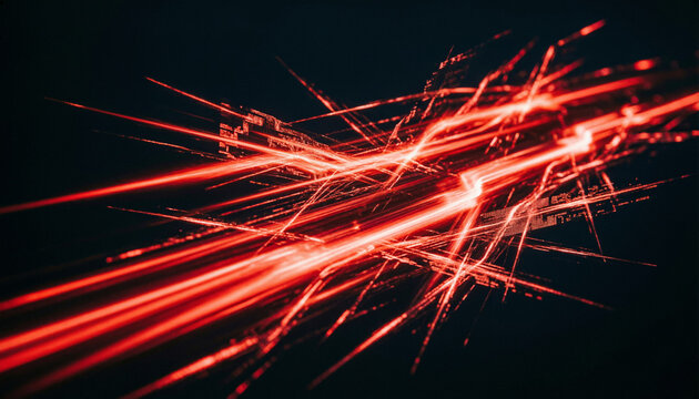 Abstract explosive red laser beams with high speed data particle collision