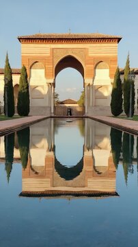 Stunning symmetrical architectural facade featuring a grand arched portal reflected perfectly in the calm still water pool
