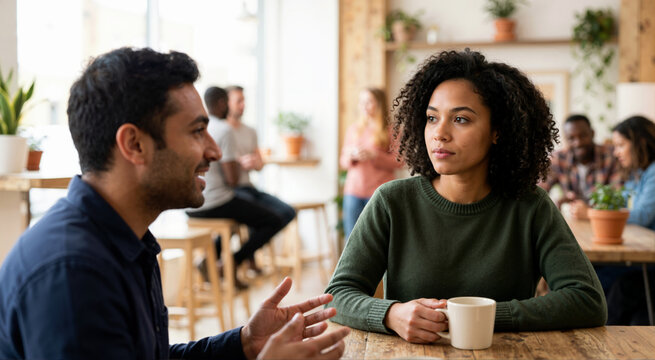 Distracted young Black woman looking away while a man is talking to her in a cafe. Bored female listening to a conversation on a coffee date. Relationship problem and poor communication concept