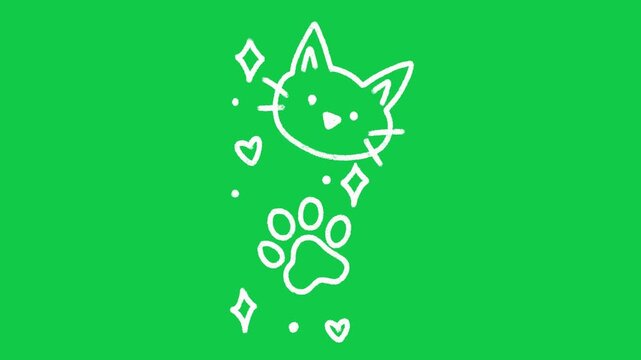 Hand Drawn Cat Face and Paw Print Outline Animation on Green Screen Overlay