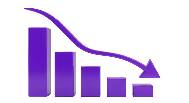 Purple bar chart with downward trend arrow isolated on transparent background