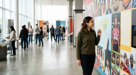 Fototapeta premium Young woman observing a colorful exhibition in a modern museum. Curious visitor looking at a cultural display wall with blurred people in background