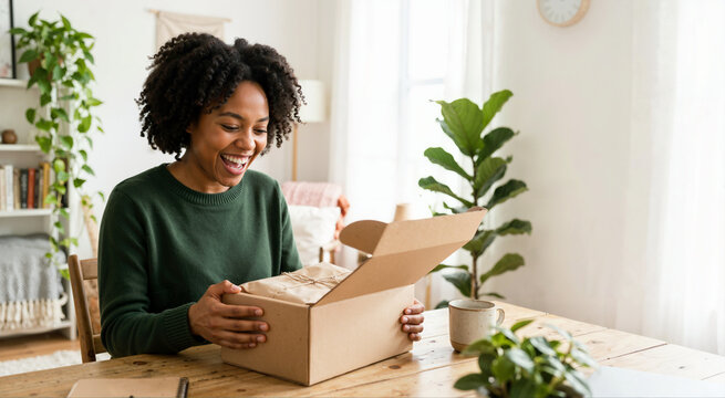 Excited young Black woman opening a cardboard box at home. Happy female customer unboxing an online shopping delivery