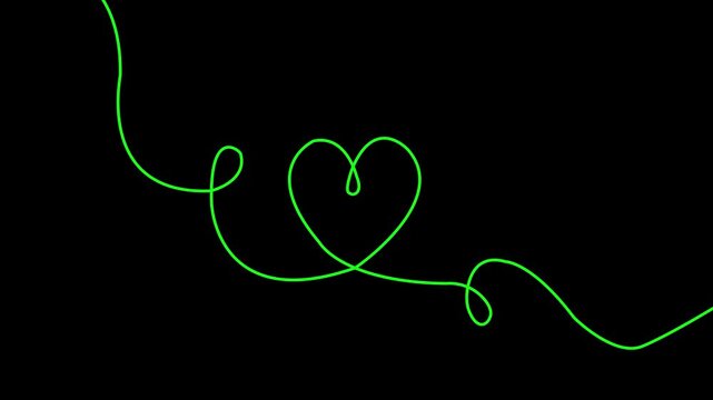Continuous line drawing animation forming a heart shape symbol on black background.