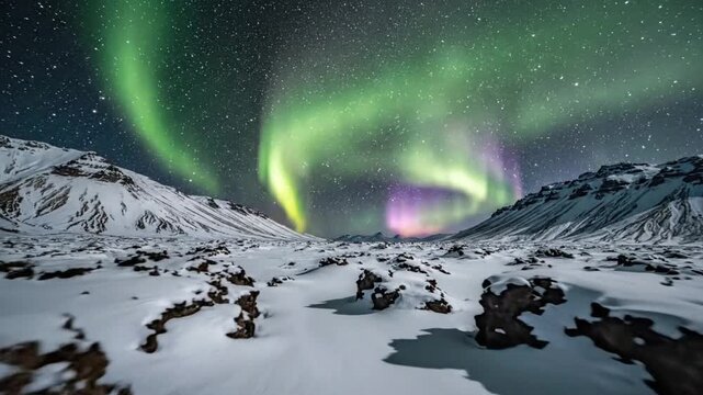 Aurora borealis over snow covered lava fields in Iceland during winter night