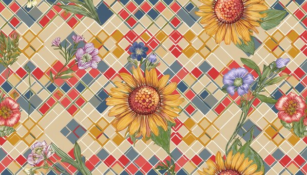 floral spring rhombus seamless pattern preppy spring summer plaid print argyle cute diamond pattern with hand drawn meadow and garden flowers botanical elegant circus background