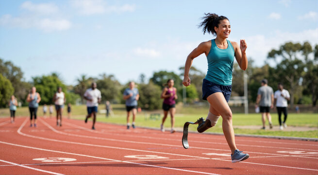Smiling female athlete with a prosthetic leg running on a track. Woman amputee with a carbon fiber blade exercising outdoors. Adaptive sports and fitness lifestyle
