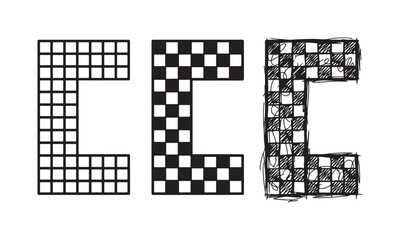 Fototapeta premium Letter C composed of a checkerboard pattern, presented in outline grid, solid checkerboard, and freehand sketch drawing styles.