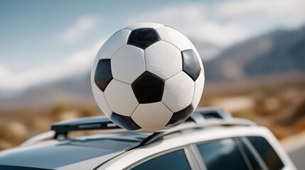 Close-up of black and white soccer ball on top of car roof with blurred mountainous landscape background outdoors