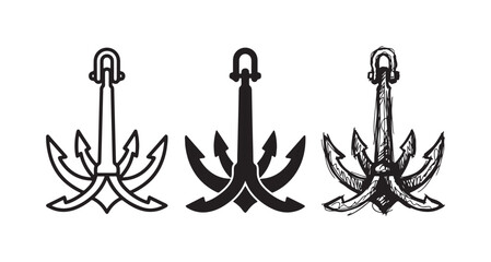 Three styles of a ship anchor icon, featuring outline, filled silhouette, and hand-drawn sketch versions, symbolizing stability and marine themes. © Maksym cvc