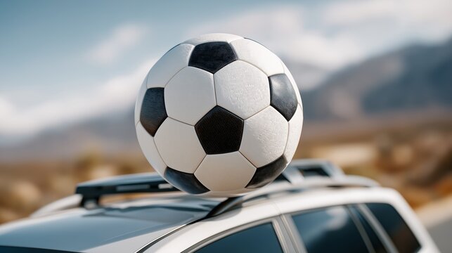 Close-up of black and white soccer ball on top of car roof with blurred mountainous landscape background outdoors