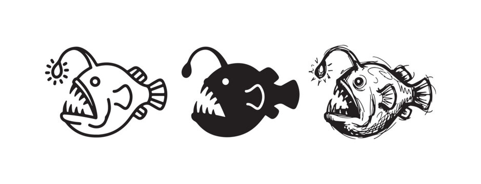 Three styles of an anglerfish icon, featuring a simple outline, a solid silhouette, and a detailed hand-drawn sketch, highlighting its unique bioluminescent lure.