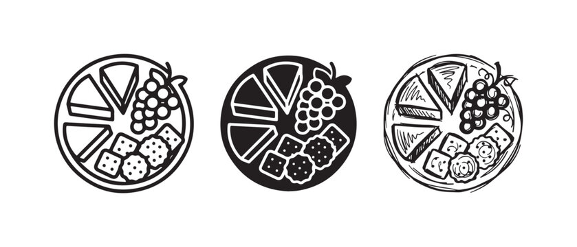 Set of three cheese board icons with various cheeses, grapes, and crackers in outline, solid, and hand-drawn doodle styles.