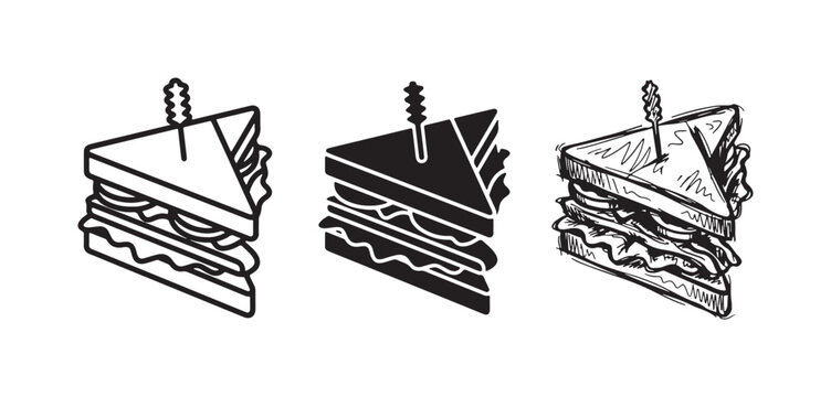 Set of three club sandwich icons with layers of ingredients and a toothpick, presented in outline, solid, and hand-drawn doodle styles.