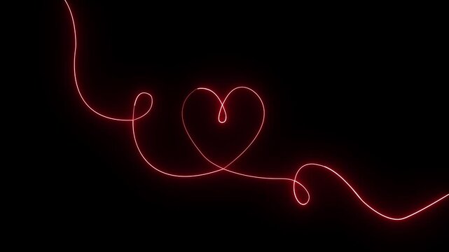 Continuous neon line drawing animation forming two heart shapes on black background.