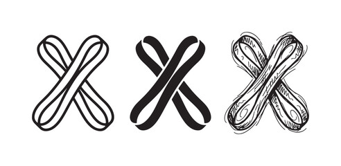 Three interlocking ski icons arranged in an 'X' shape, presented as an outline, a solid fill, and a hand-sketched version, suitable for winter sports themes. © Maksym cvc