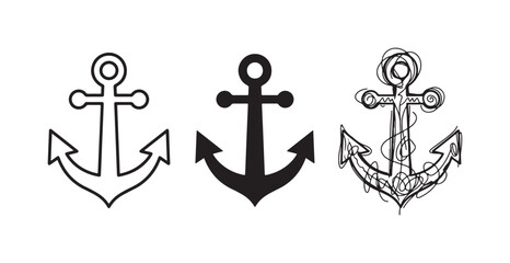 Collection of three anchor illustrations in different styles: thin outline, solid black silhouette, and rough hand-drawn sketch, symbolizing marine and nautical themes. © Maksym cvc