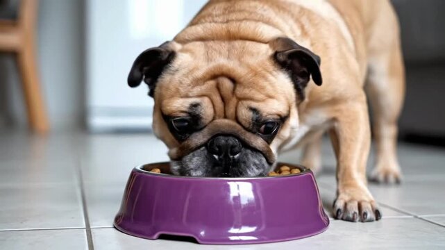 Mongrel dog enjoys meal from bowl in home kitchen during midday