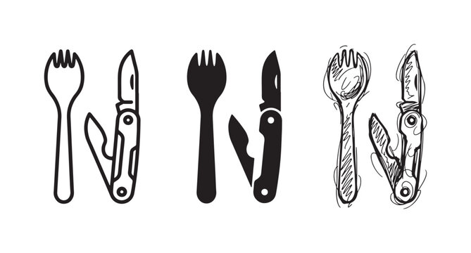 Camping Utensil and Multi-tool Set: Spork and Folding Knife in Outline, Solid, and Hand-Drawn Sketch Styles