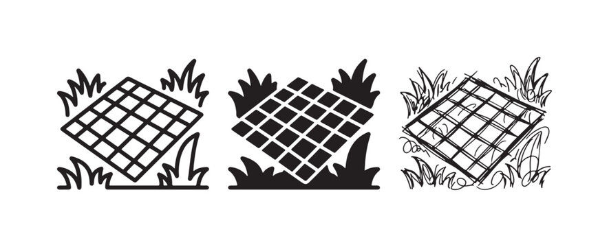 Picnic Blanket on Grass Icon Set, Diagonal View