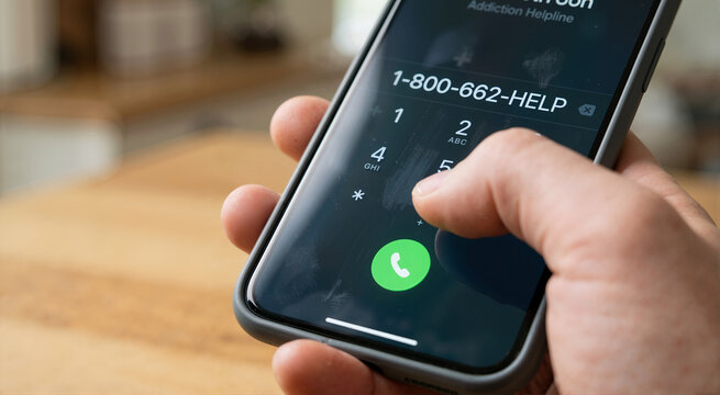 Close up of hand dialing addiction helpline on smartphone. Person seeking help and support for gambling problem. Pressing green call button on mobile phone screen