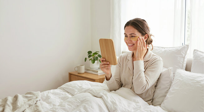Smiling young woman applying gold under-eye patches in bed. Female looking in wooden mirror during morning skincare routine