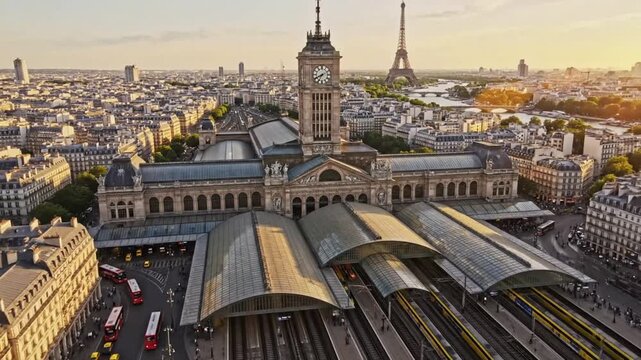 View of Gare de Lyon in Paris with Eiffel Tower in background from drone at sunset