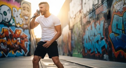 Naklejka premium Young man singing into vintage microphone on urban street with vibrant graffiti art at sunset, dynamic performance