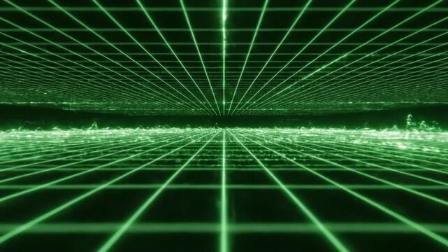 Abstract green digital display grid with glowing lines on a background showing patterns and depth in a wide view