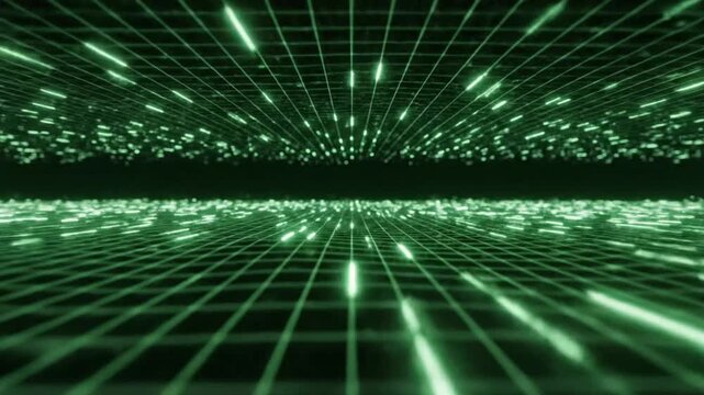 Explore glowing abstract green digital display grid with depth and lines in an endless view
