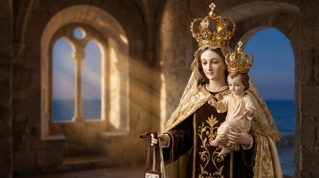 AI generated. Stunning porcelain statue of Our Lady of Mount Carmel (Virgen del Carmen) and Baby Jesus holding a scapular inside a stone church with ocean view and sunrays