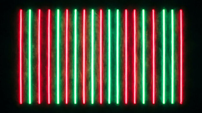 Abstract vertical red and green neon light bars pattern on black background