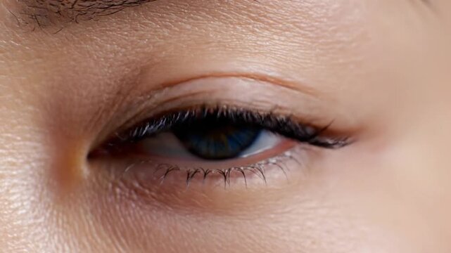 Close up view of a female right eye showing details of color, shape, and features in macro photography