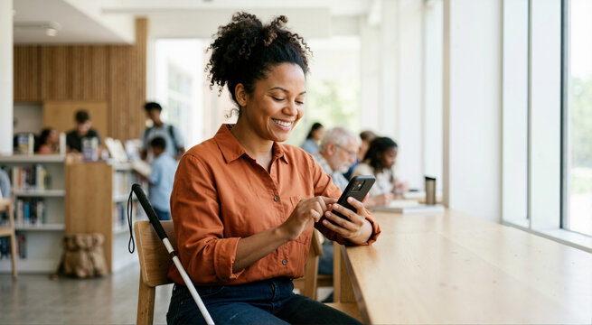 Smiling blind Black woman using a smartphone while sitting at a library desk. Visually impaired female student with a white cane accessing digital technology