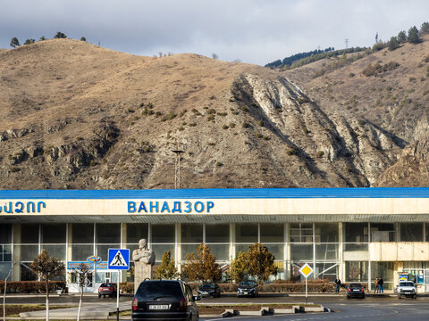 Vanadzor, Armenia - March 20, 2026: main train station in Vanadzor city in Armenia on sunny spring evening