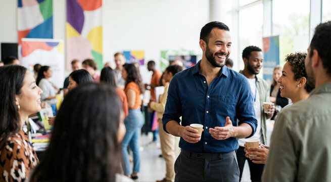 Smiling transgender man talking with colleagues at a networking event. Happy male professional holding a coffee cup in a crowded room