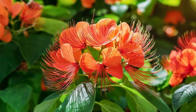 close up of bright orange chinese hat plant flowers blooming in a lush green garden beautiful holmskioldia sanguinea blossoms with distinctive bell shaped calyxes under natural sunlight