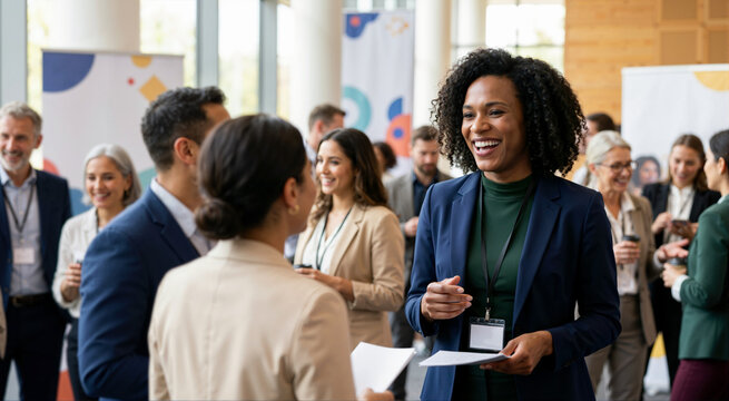 Smiling Black transgender woman networking at a business conference. Professional corporate executive talking with colleagues at a convention. Inclusive workplace diversity